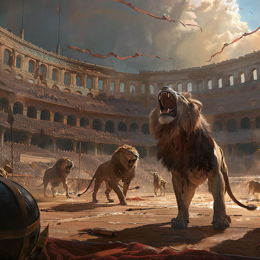 Historical scene of lions in the Colosseum, gladiator theme