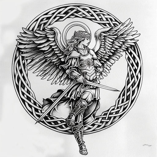 Archangel Michael in Celtic knotwork tattoo design on white