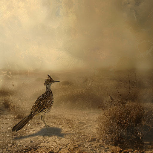 Roadrunner bird in misty morning desert