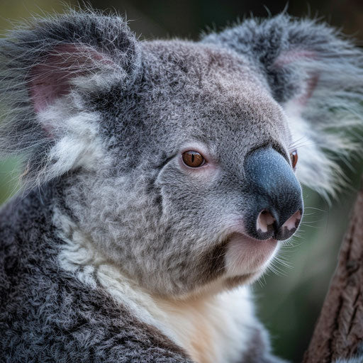 Close-up of a koala's gentle face, expressive eyes highlighted, soft natural lighting.