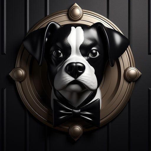 Black and white logo for dog with bow tie, luxurious style, soviet, holotone printing, animated gifs, shaped canvas, 85 new wave, black-and-white