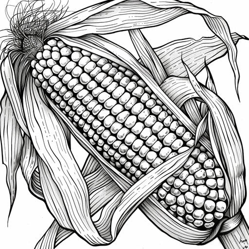 Detailed illustration of a corn cob with husk partially peeled back. Coloring book page