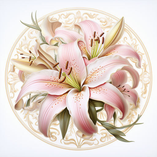 Pink lily on floral background, fanciful ornamentation style
