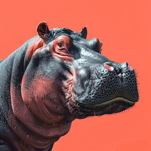 Realistic hippo illustration on flat, vibrant coral backdrop