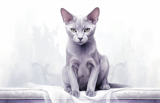 Grey cat sitting on a bed on a white chair, in light purple and light indigo style