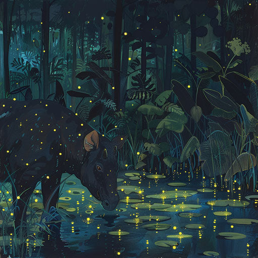 Tapir illuminated by fireflies in the jungle at night