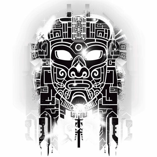 Futuristic Mayan glyph tattoo with holographic effects