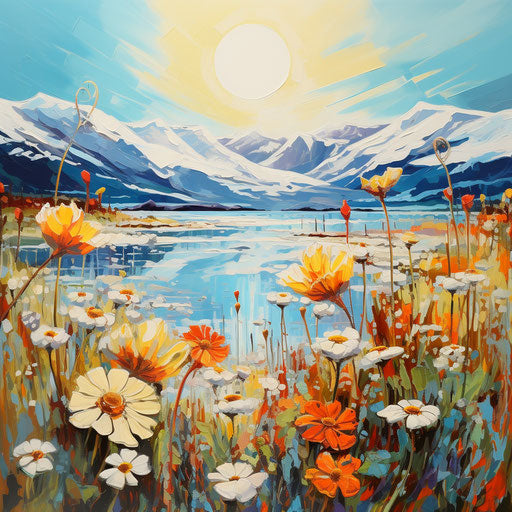 Flower and snow landscape by lake, in front of mountains, in the style of light sky-blue and orange, light green and yellow, light sky-blue and yellow, emotive fields of color, light sky-blue and green, sky-blue and yellow, colourful