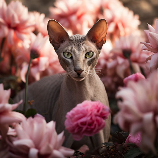 Oriental cat in a flower bed with beautiful flowers