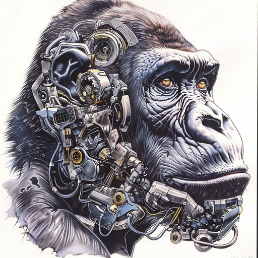 Biomechanical gorilla, merging organic and mechanical elements