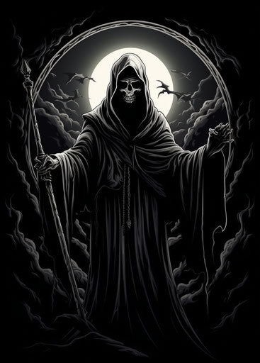 Black and white illustration of a grim character holding a scythe