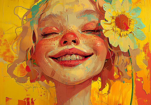 Smiling face with blonde hair and flower, barbizon style