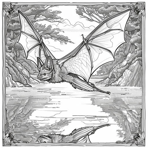 Bat flying over misty lake with reflections