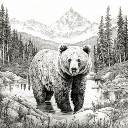 Bear in the water coloring page, in the forest