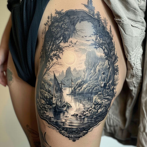 Fantasy landscape thigh tattoo in the style of David Palumbo