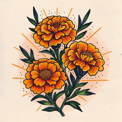 Pop art inspired tattoo of marigolds with bold outlines and colors