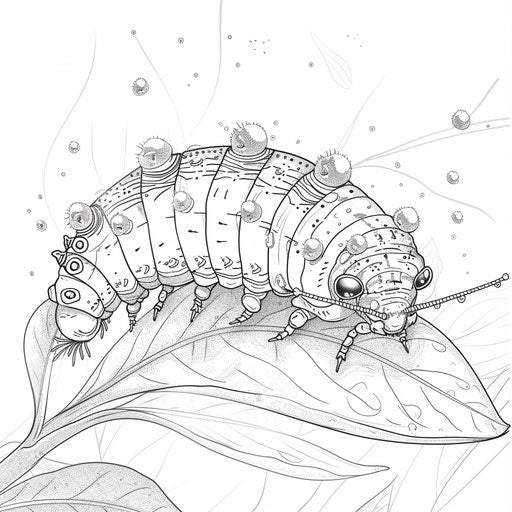 A caterpillar on a leaf with dew drops