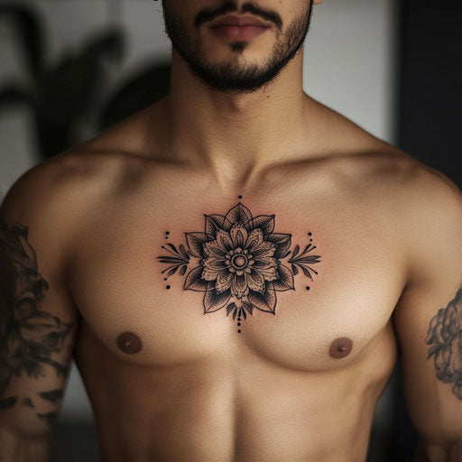 Small chest tattoos for men with mandala designs, in the style of Maria Sibylla Merian