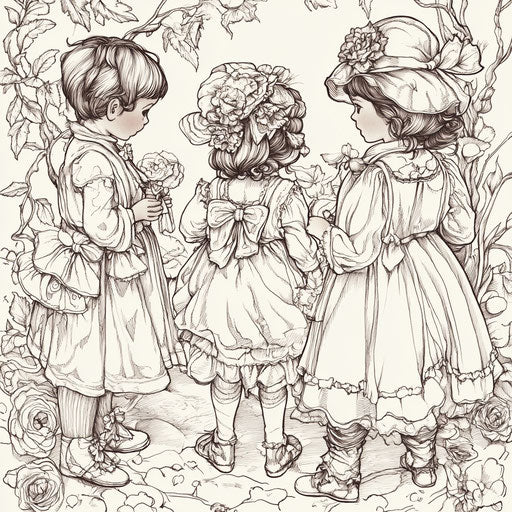 Children playing dress-up, in the style of Teagan White, Coloring book page