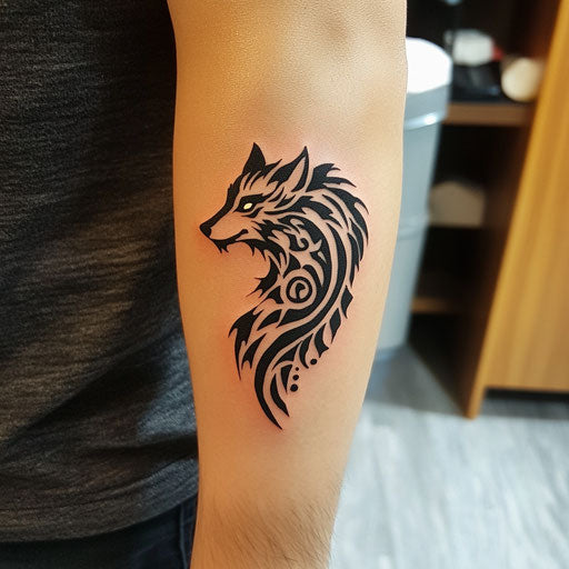 Tribal wolf tattoo in the style of Peter Jackson with a wolf in a mythical quest setting