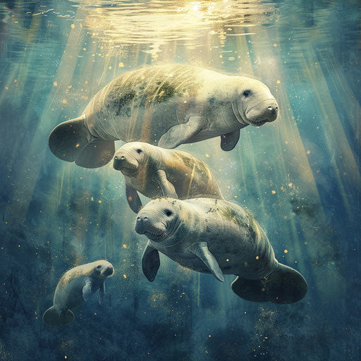 Manatee family floating together, warm and tender