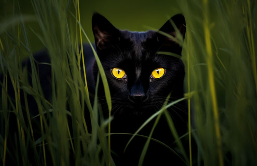 Black cat in a green field of grass, dark yellow and dark emerald