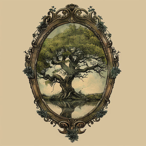 Reflective tattoo sketch of a mirror with a wise old tree reflected