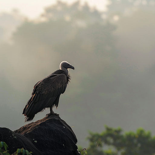 White-rumped vulture watching over misty morning territory