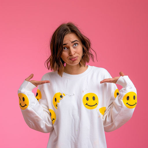 Girl in white sweatshirt with emojis, hands below