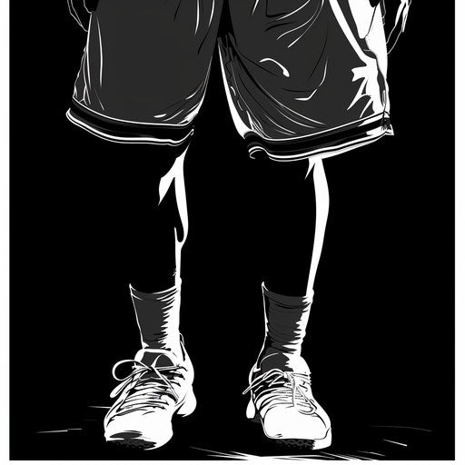 Graphic silhouette of basketball shorts, black and white