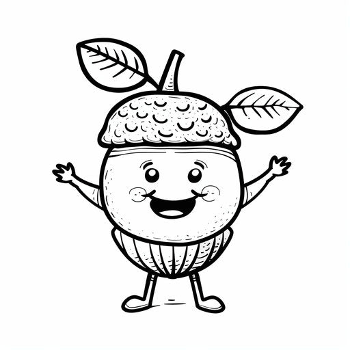 A cute coloring book page with a happy acorn