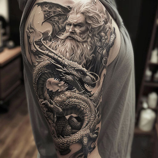 Fantasy half sleeve tattoo with dragons and wizards