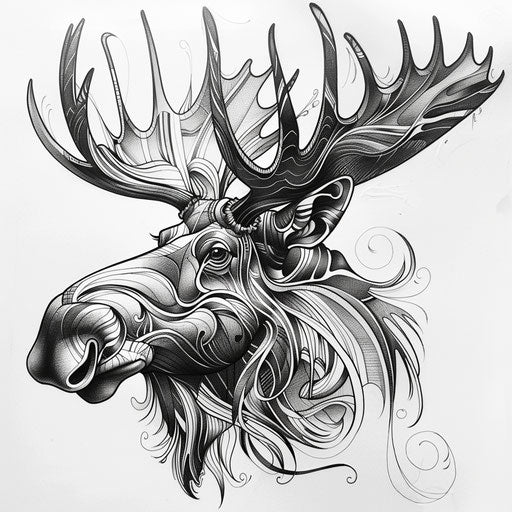 Flat tattoo sketch of a moose with elegant swirling calligraphic lines