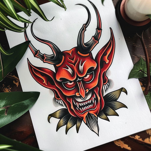 Traditional American devil tattoo on white paper