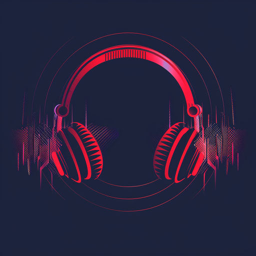 Audio logo in navy and red with a dynamic background