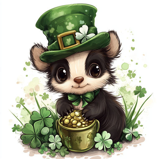 St. Patrick's Day baby skunk with green hat and clovers on white background