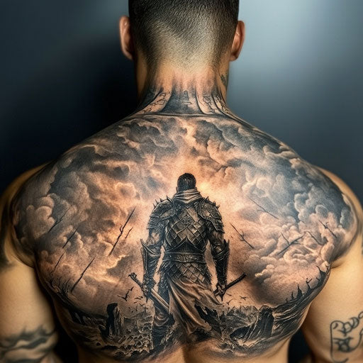 Back neck tattoo in David Palumbo style lone warrior stormy sky