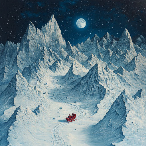 Santa's sleigh weaving through snowy mountains by moonlight