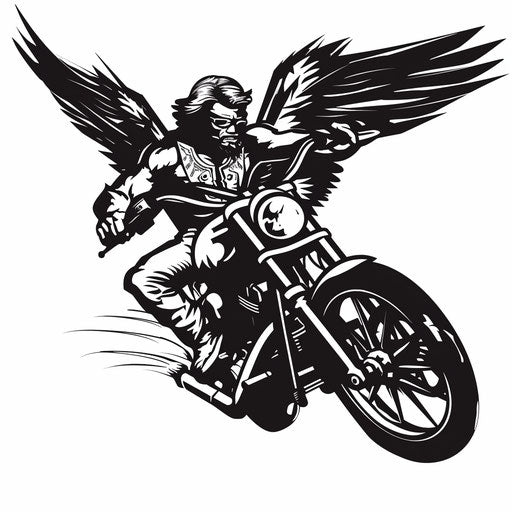 Cartoon tattoo of Archangel Michael with funny motorcycle