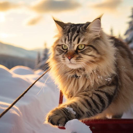 A Siberian cat on a sled going down a snowy hill