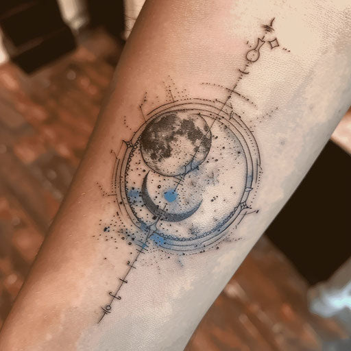 Mystical curse mark with moon phase and stars in silver and blue on white