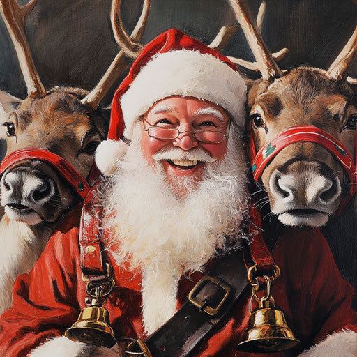 Santa Claus sharing a warm smile with his reindeer, each adorned with festive bells and red harnesses.