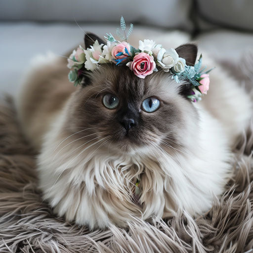 Himalayan cat with floral crown on fluffy rug