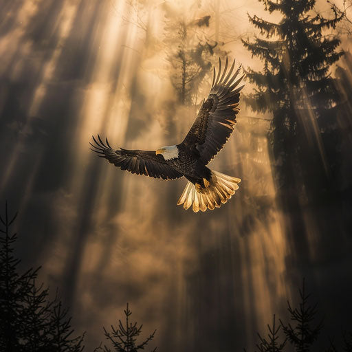 Bald eagle flying in misty forest at sunrise with sunlight