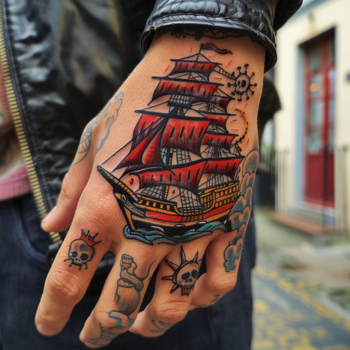 Hand tattoo designs of a pirate ship, in the style of Sailor Jerry