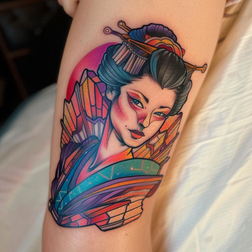 Neon pop art geisha tattoo, vibrant colors and bold outlines