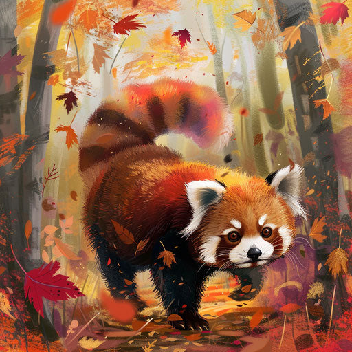 Lone red panda exploring a colorful autumn forest