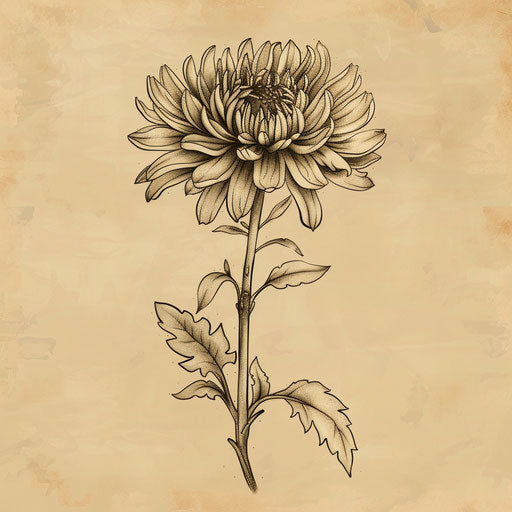 Vintage-inspired tattoo sketch of an aster flower with sepia tones and delicate shading