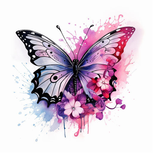 Colorful butterfly on white, magenta and black style, intricate designs