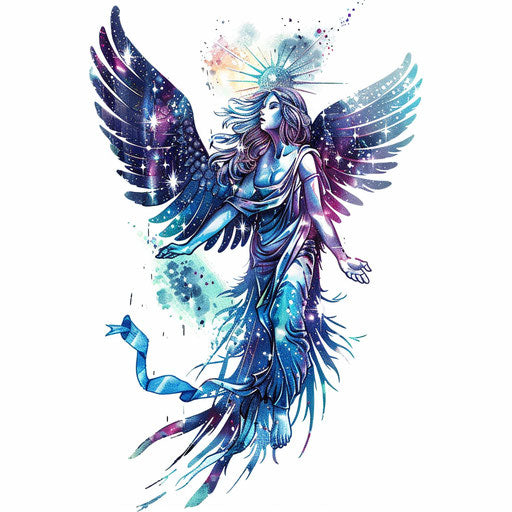 Celestial guardian angel tattoo, stars and cosmic elements